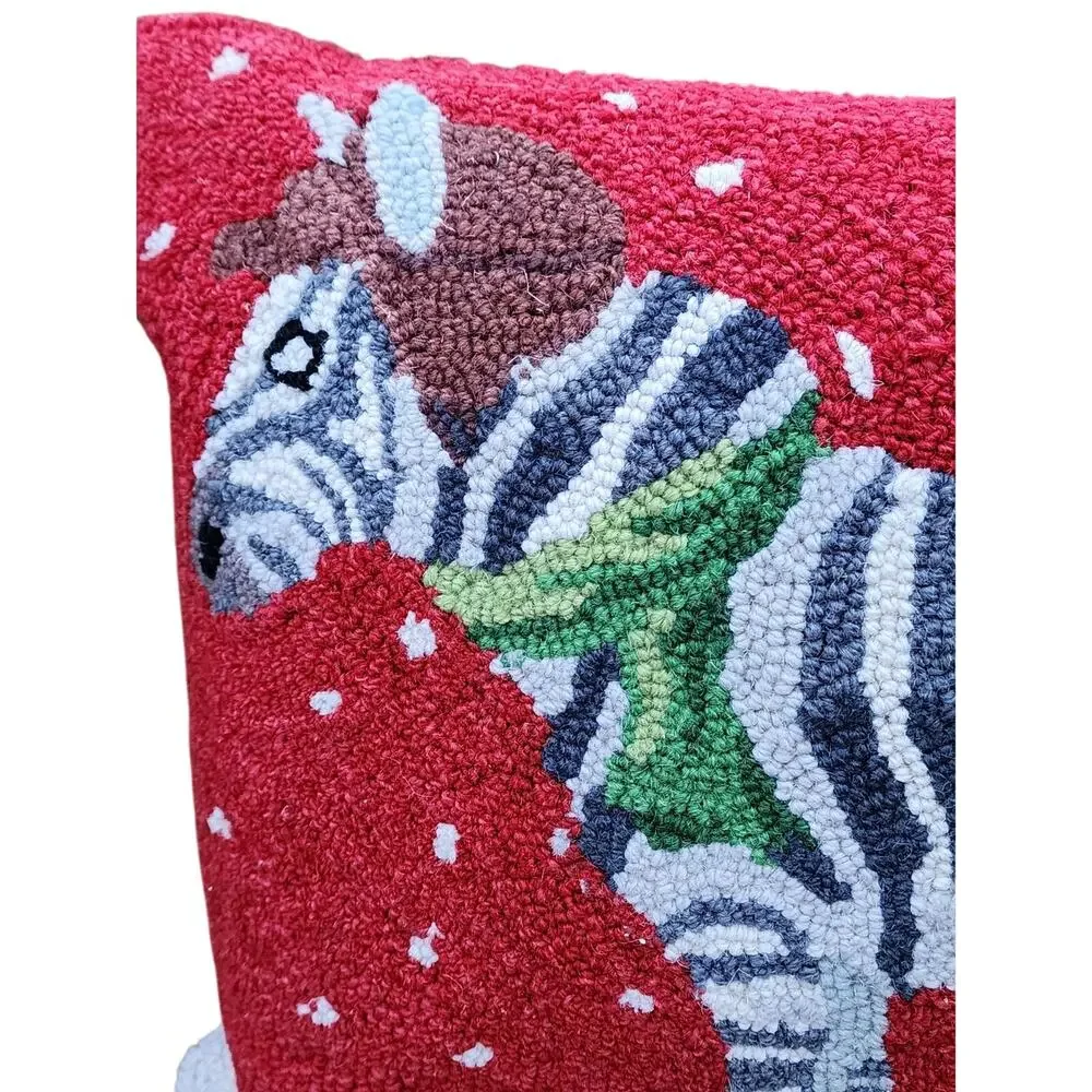 Grandin Road Zebra Winter Wonderland Hooked Wool Pillow 14x18 Holiday Decor ICON